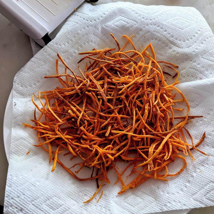 shoestring fried sweet potatoes completed