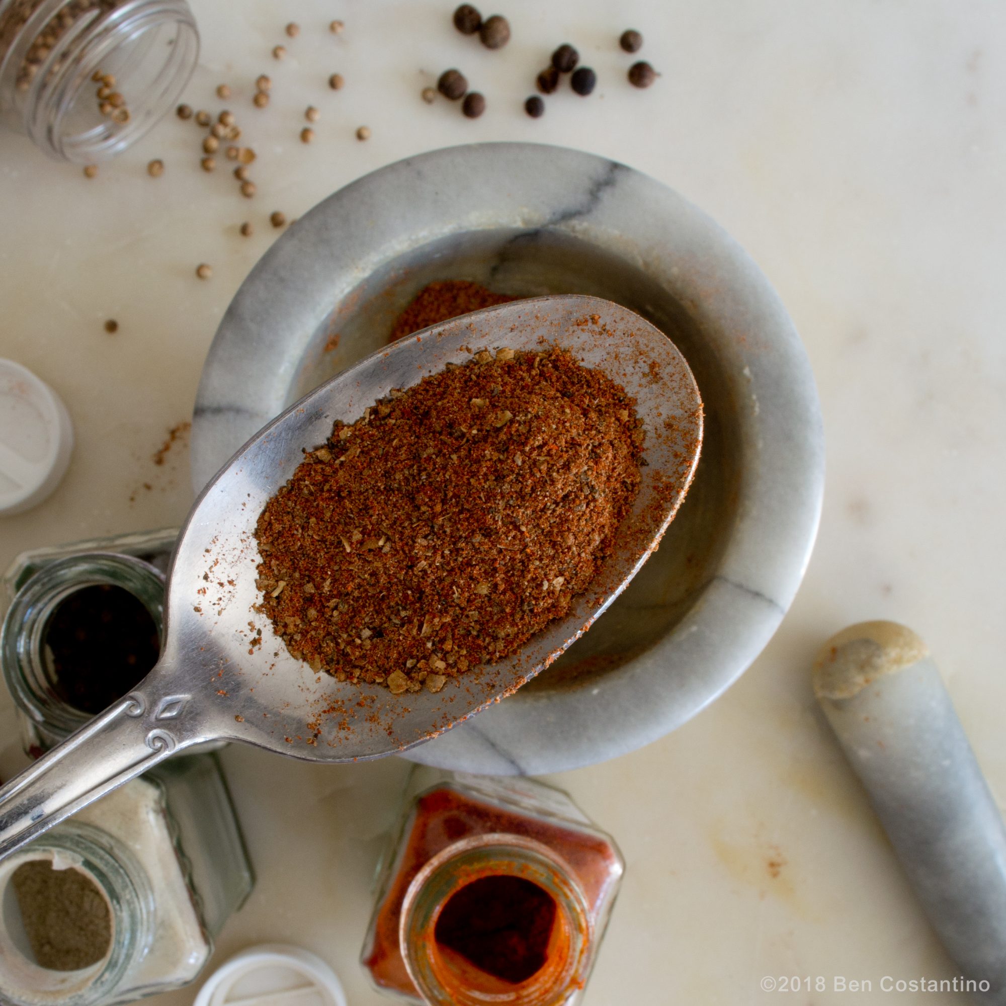 Ground spices black pepper, coriander, allspice, smoked paprika, white pepper