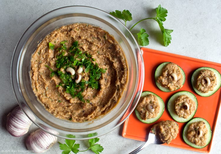 Blackeyed Pea dip served on cucumbers and celery