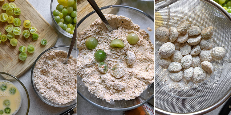 cherry tomatoes being seasoned and coated with egg and cornmeal in preparation for frying.