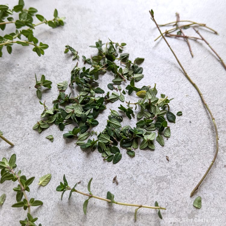 Thyme leaves separated from their stems.