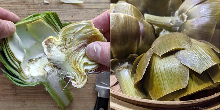 the inner "choke" of the artichoke hearts removed, then steamed in a bamboo steamer