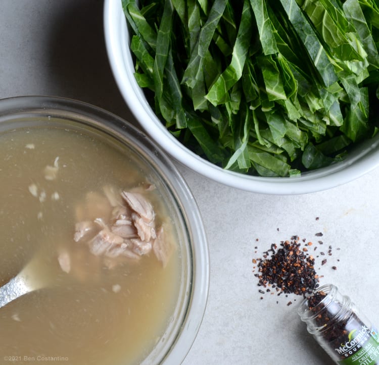 onion-based broth with smoked pork chops and red pepper flakes