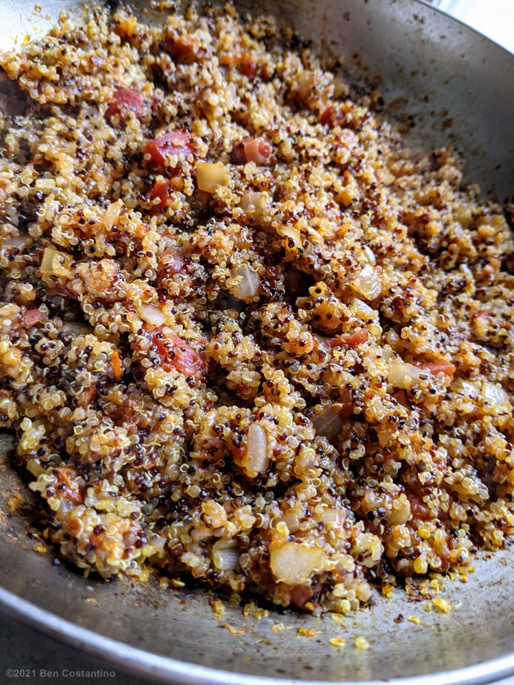 red quinoa made with salsa from a jar
