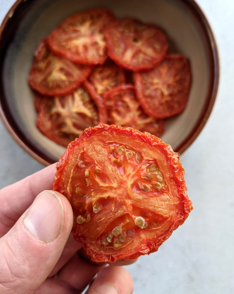 oven-dried tomato slices in a bowl