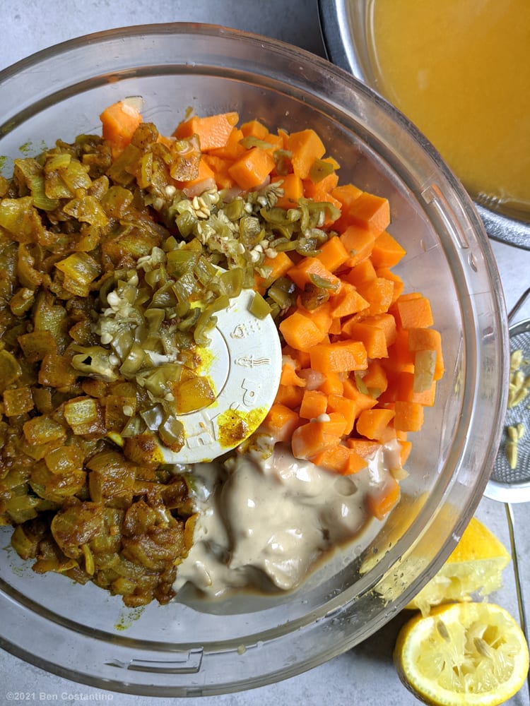 curry sweet potato dip ingredients in the food processor