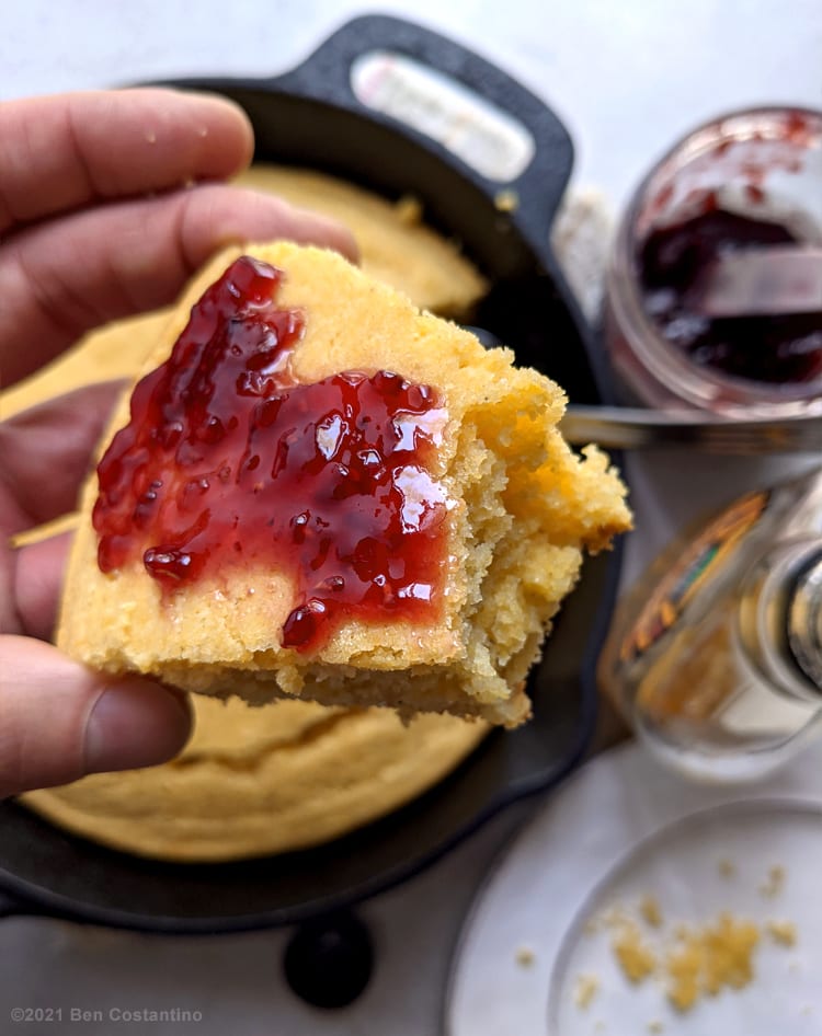 raspberry preserves on cornbread