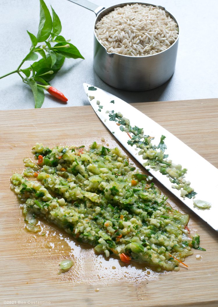 green tomato sofrito chopped on a cutting board