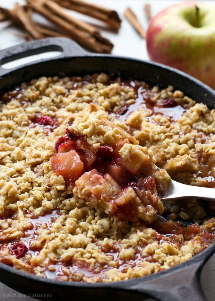 cranberry apple crisp in cast iron skillet