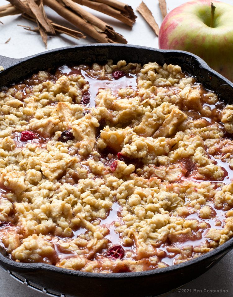 cranberry apple crisp in cast iron skillet