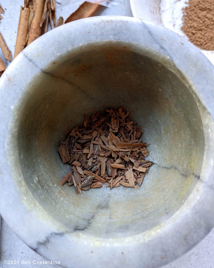 Mexican cinnamon in a mortar and pestle