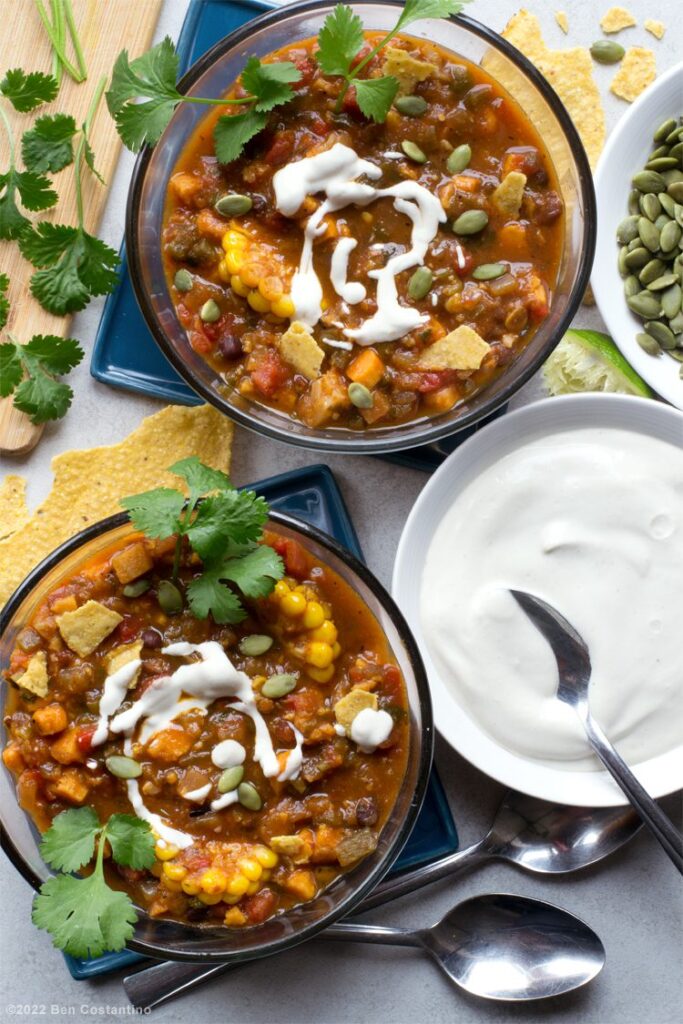 sweet potato chili with cashew crema
