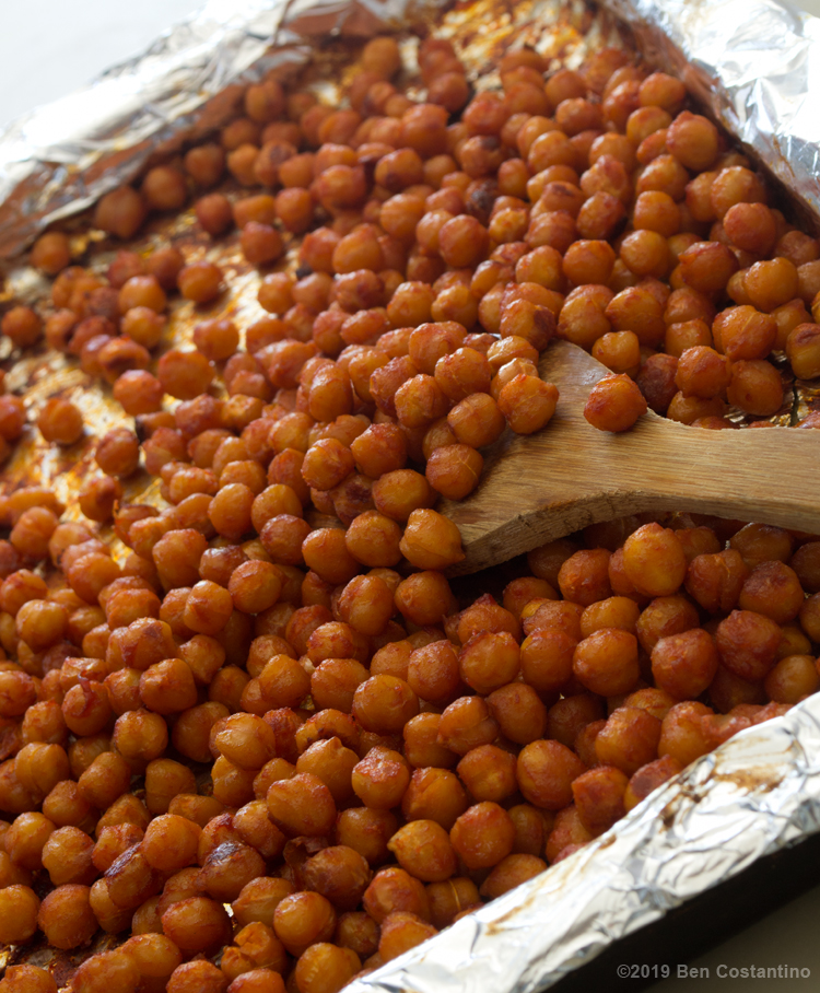 chickpeas roasted in Buffalo sauce immediately out of the oven