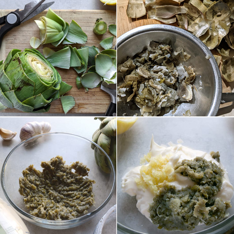 artichoke leaves being steamed, scraped, mashed, then mixed into an aioli